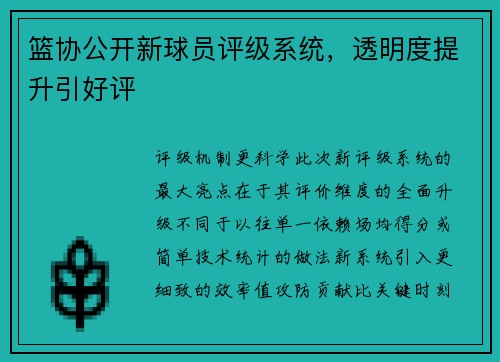 篮协公开新球员评级系统，透明度提升引好评