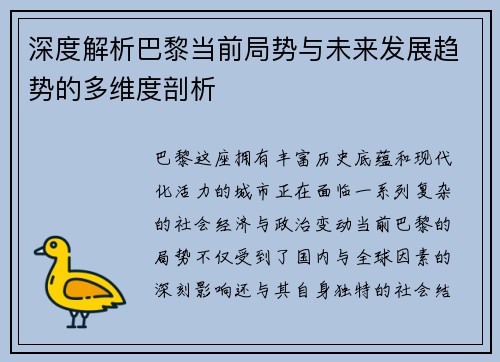 深度解析巴黎当前局势与未来发展趋势的多维度剖析